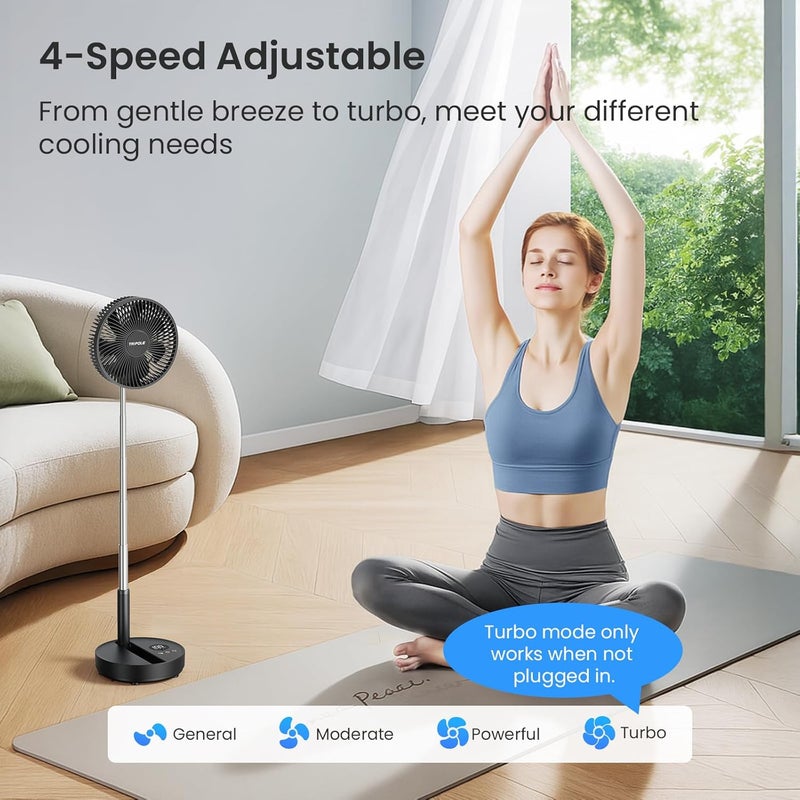 TriPole Portable Standing Fan, 8000mAh Rechargeable Oscillating Fan with Remote, 8.1'' Quiet Pedestal Floor Fan with LED Display & Timer, Foldable Small Desk Fans for Bedroom, Office, Camping, Travel - Image 3